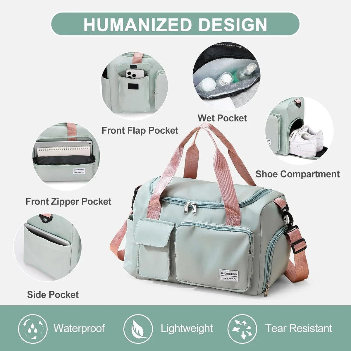 Small Gym Duffle Bag for Women Waterproof Weekender with Shoe Compart
