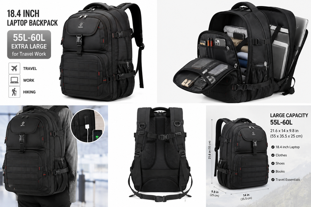 18.4 Laptop Backpack for Men, 55L-60L Extra Large Backpack