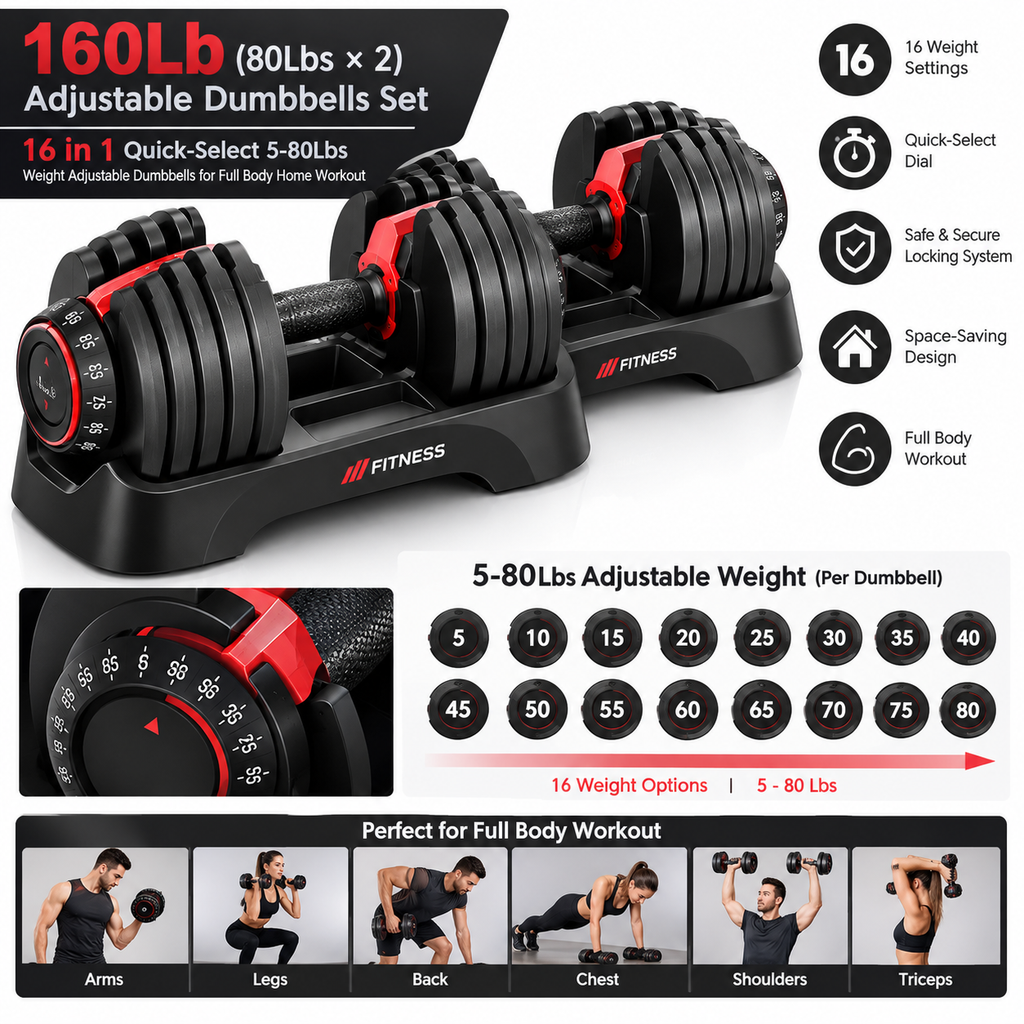 160Lb(80Lbs*2) Adjustable Dumbbells Set,16 in 1 Quick-Select 5-80Lbs
